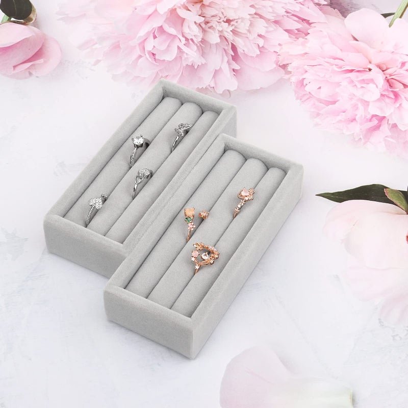 DesignSter Small Jewelry Tray, 2PCS Ring Organizer, Velvet Jewelry Display Tray, Stackable Jewelry Organizer Trays, Jewelry Drawer Organizer Inserts For Dresser, Jewelry Box (Gray) - Image 2